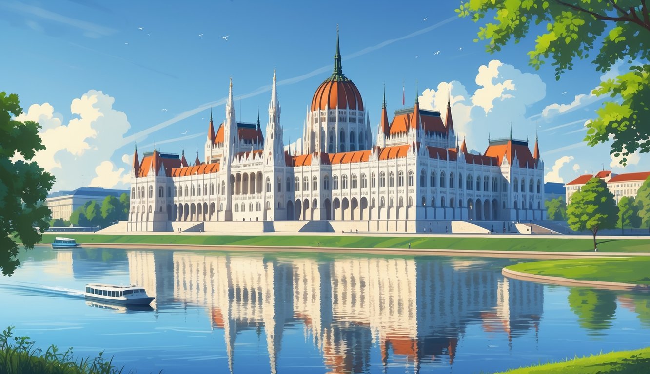 Zgrada Parlamenta u Budimpešti uz rijeku Dunav pod plavim nebom s nekoliko oblaka.
