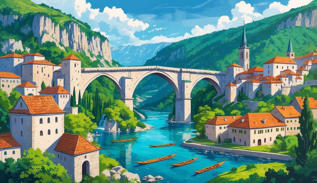 Ilustracija deset najpoznatijih turističkih destinacija u Bosni, uključujući Stari Most, tvrđave, slapove, planine, jezera i tradicionalna sela.