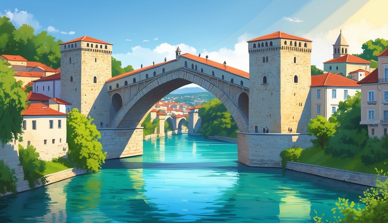 Stari most u Mostaru preko rijeke Neretve s kamenim tornjevima i tradicionalnim zgradama uz obalu.