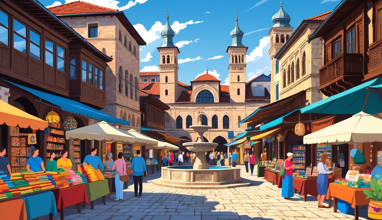 Pogled na Sarajevsku Baščaršiju s tradicionalnim zgradama, uskim ulicama, ljudima i fontanom Sebilj u središtu.