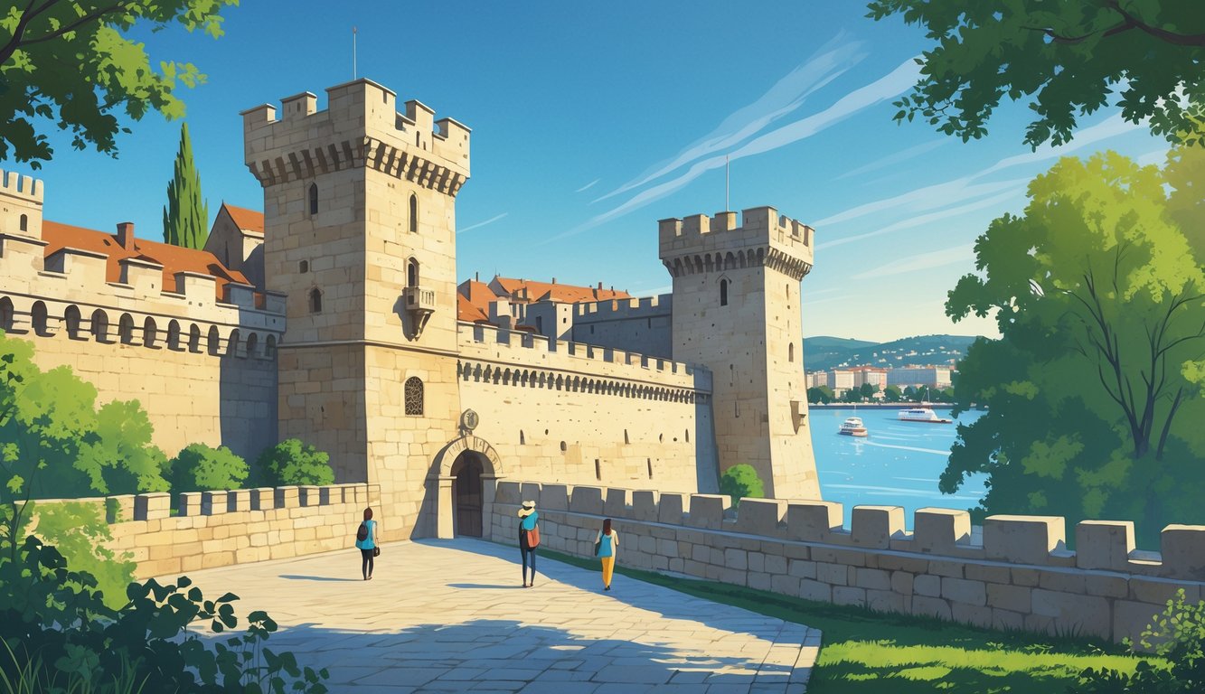 Pogled na Ribarski bastion u Budimpešti s kamenim zidinama, rijekom Dunav u pozadini i zelenilom oko tvrđave.
