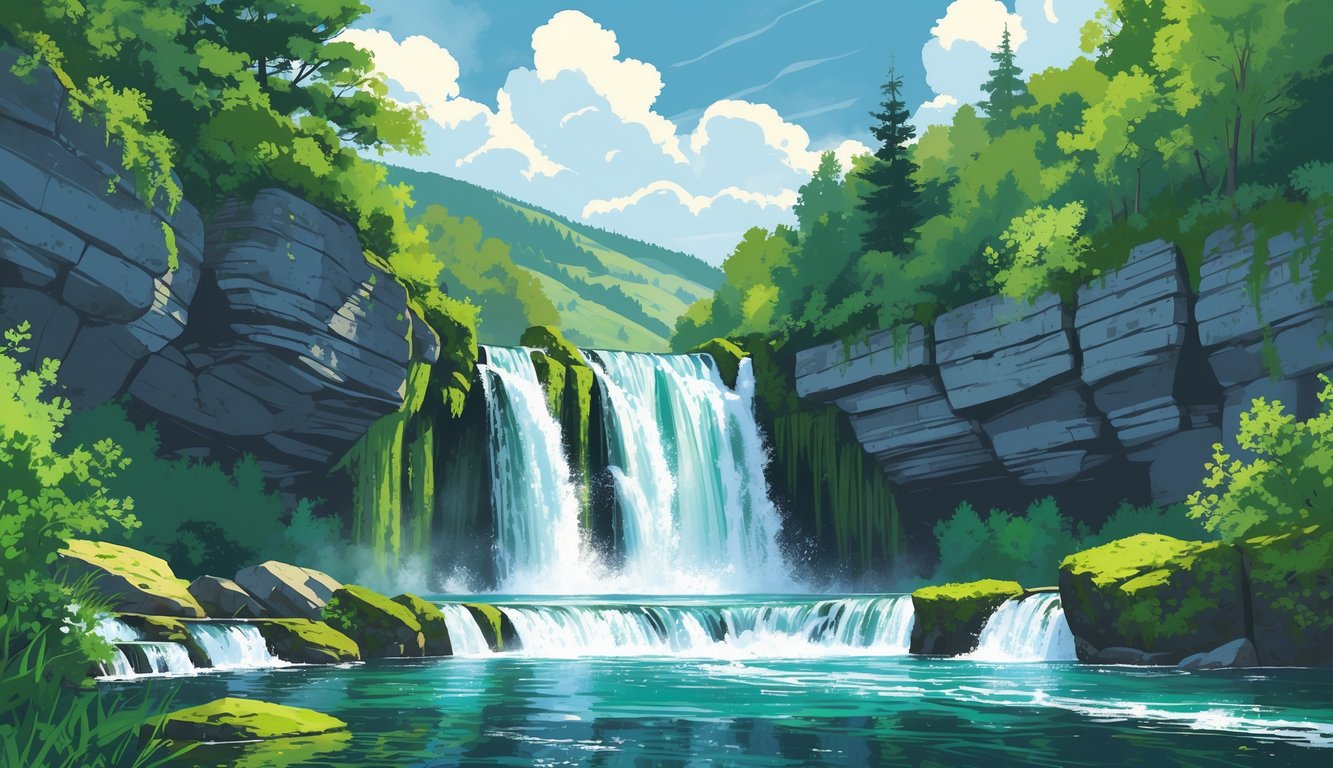 Vodopad Jajce s vodom koja pada preko stijena okružen zelenim šumama i brdima u pozadini.