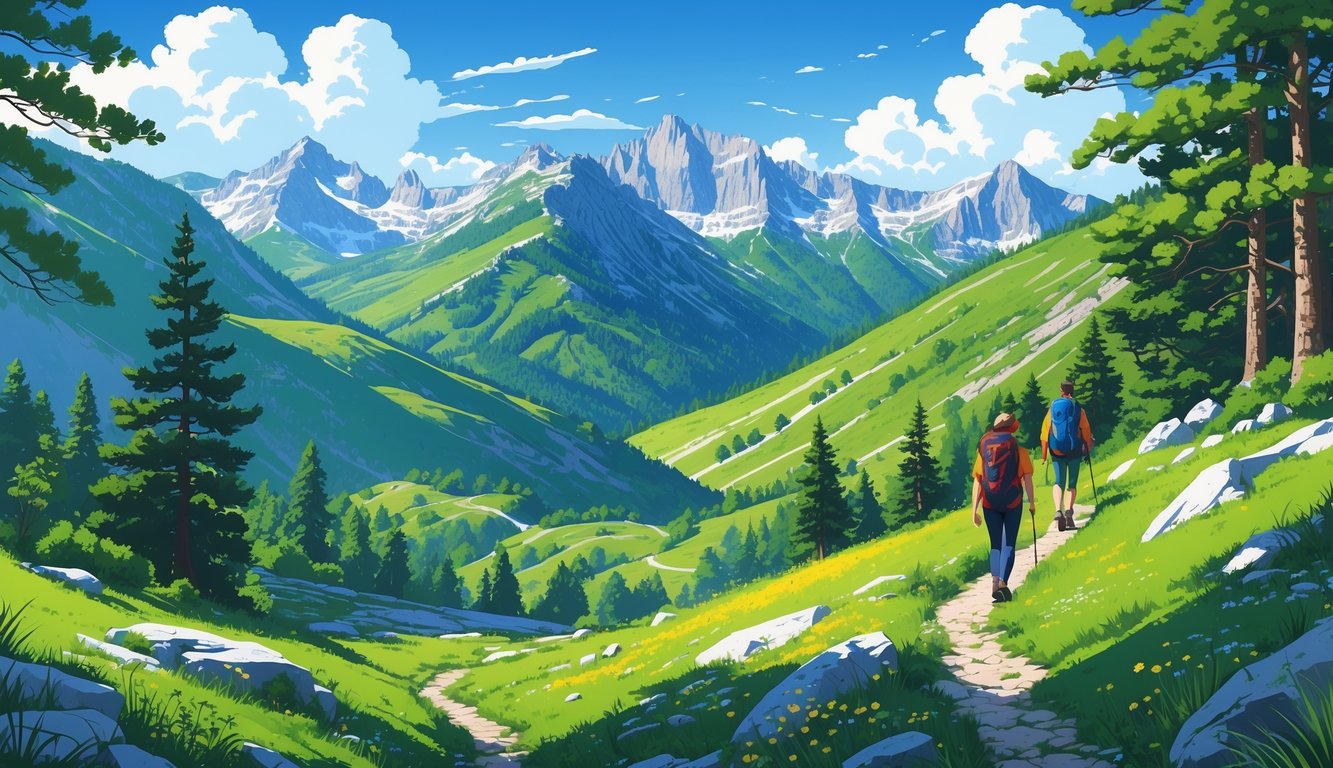 Pogled na planinu Jahorinu s planinskim stazama, zelenim šumama i planinskim vrhovima u daljini.