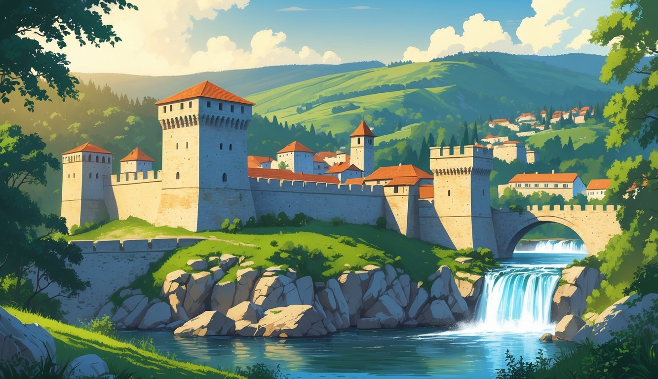 Pogled na tvrđavu u Jajcu na stijeni iznad rijeke s vodopadima, okruženu zelenilom i šumom, s malim gradom u pozadini.