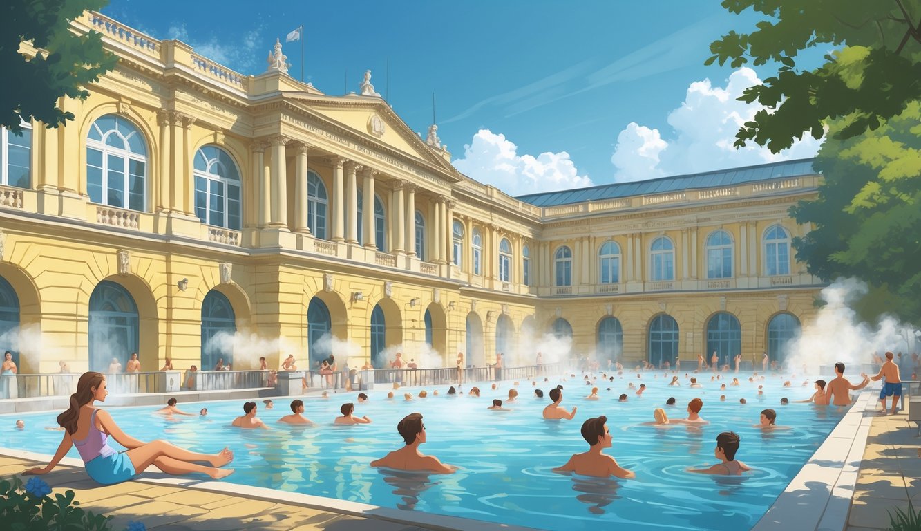 Ljudi se opuštaju u velikim vanjskim bazenima termalnih kupelji Széchenyi okruženi povijesnom arhitekturom i zelenilom u Budimpešti.