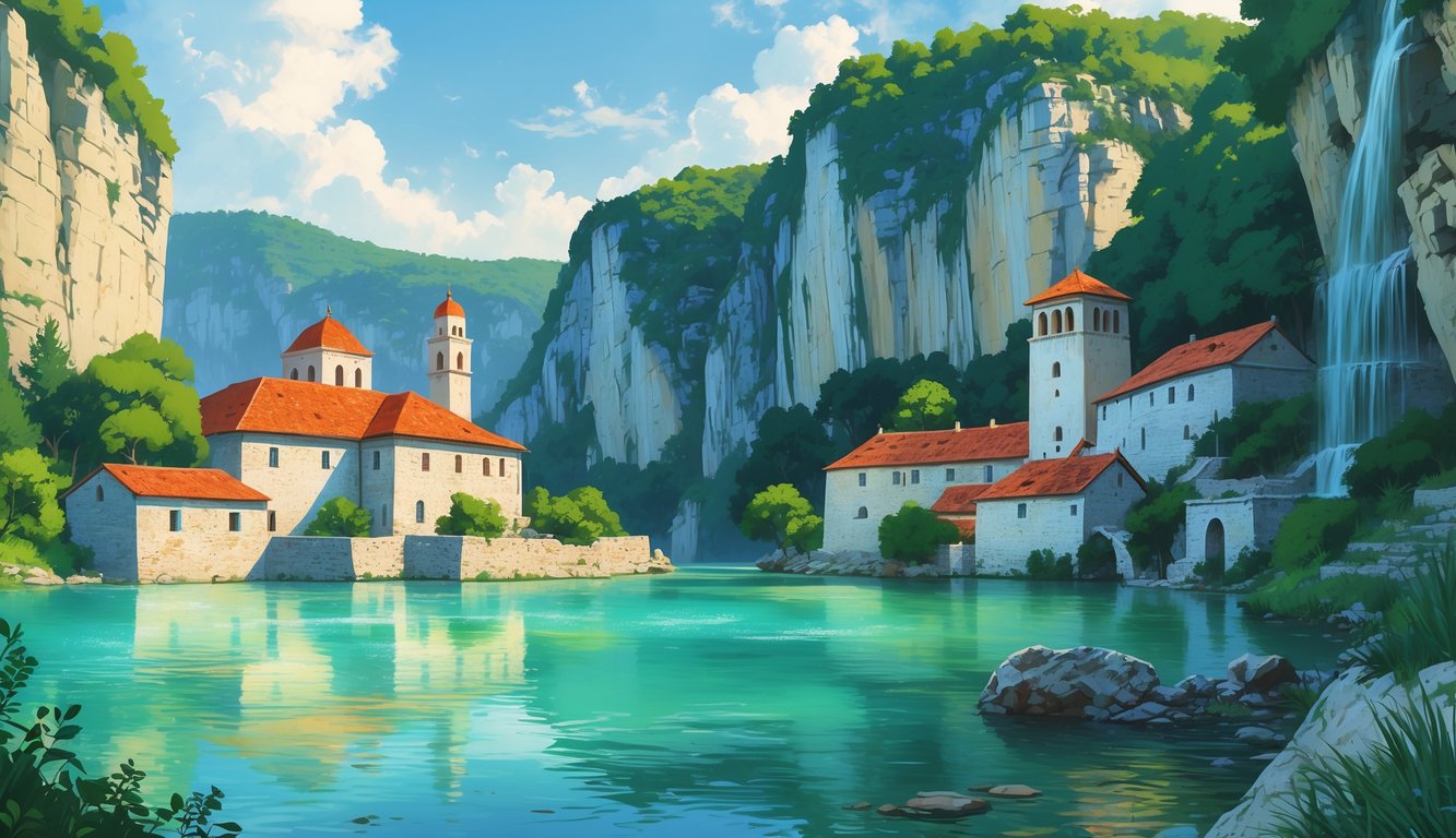 Pogled na rijeku Buna ispod litice s tradicionalnim kamenim zgradama i zelenilom u Blagaju.