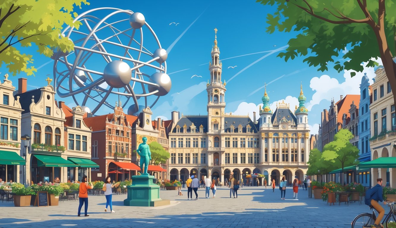 Prikaz sedam najvažnijih znamenitosti Brisela, uključujući Atomium, Grand Place, kip Manneken Pis, Kraljevsku palaču, Europski parlament, vrt Mont des Arts i ulice četvrti Sablon s ljudima koji razgledavaju grad.