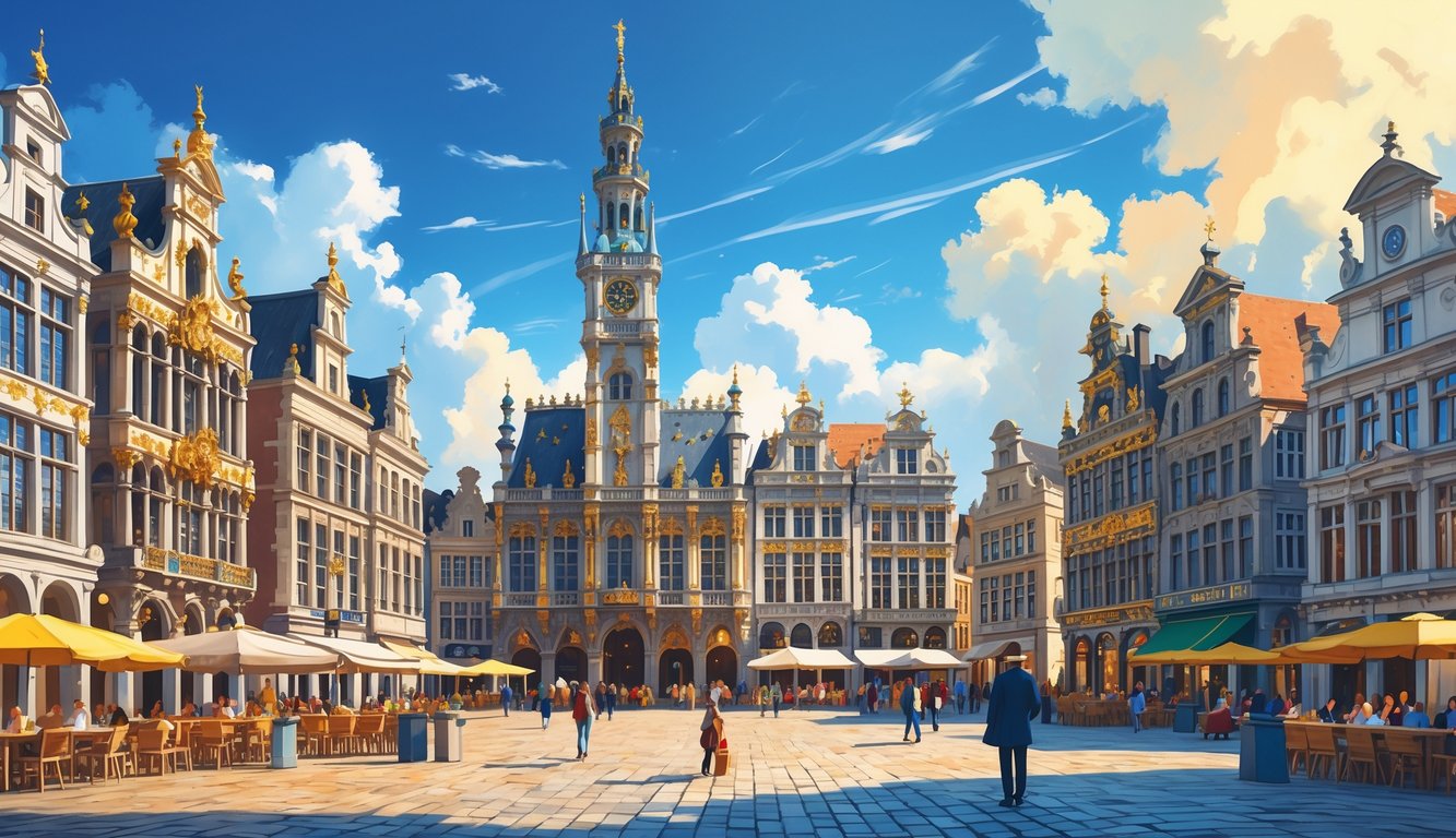 Pogled na Grand Place u Bruxellesu s povijesnim zgradama, kafićima i ljudima na trgu tijekom dana.