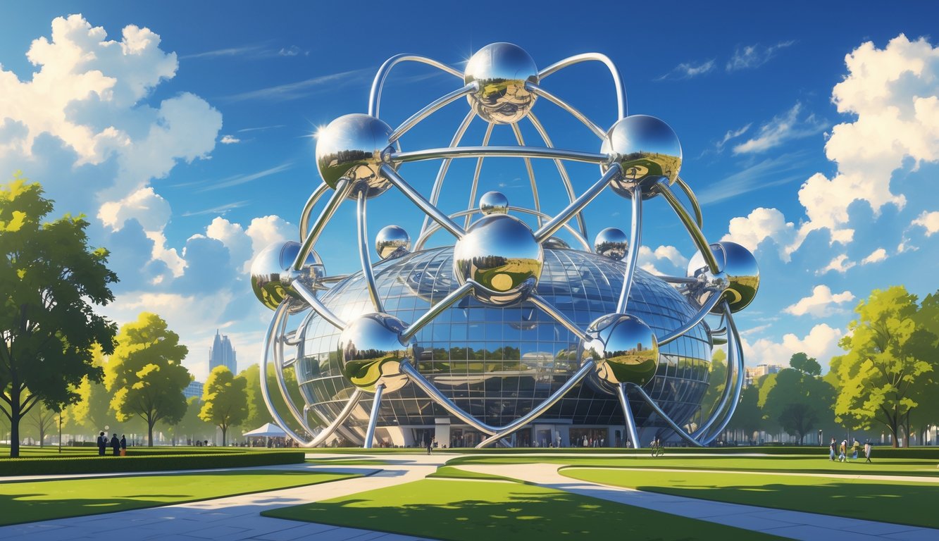 Pogled na Atomium u Bruxellesu s njegovim metalnim sferama i zelenim okolišem.