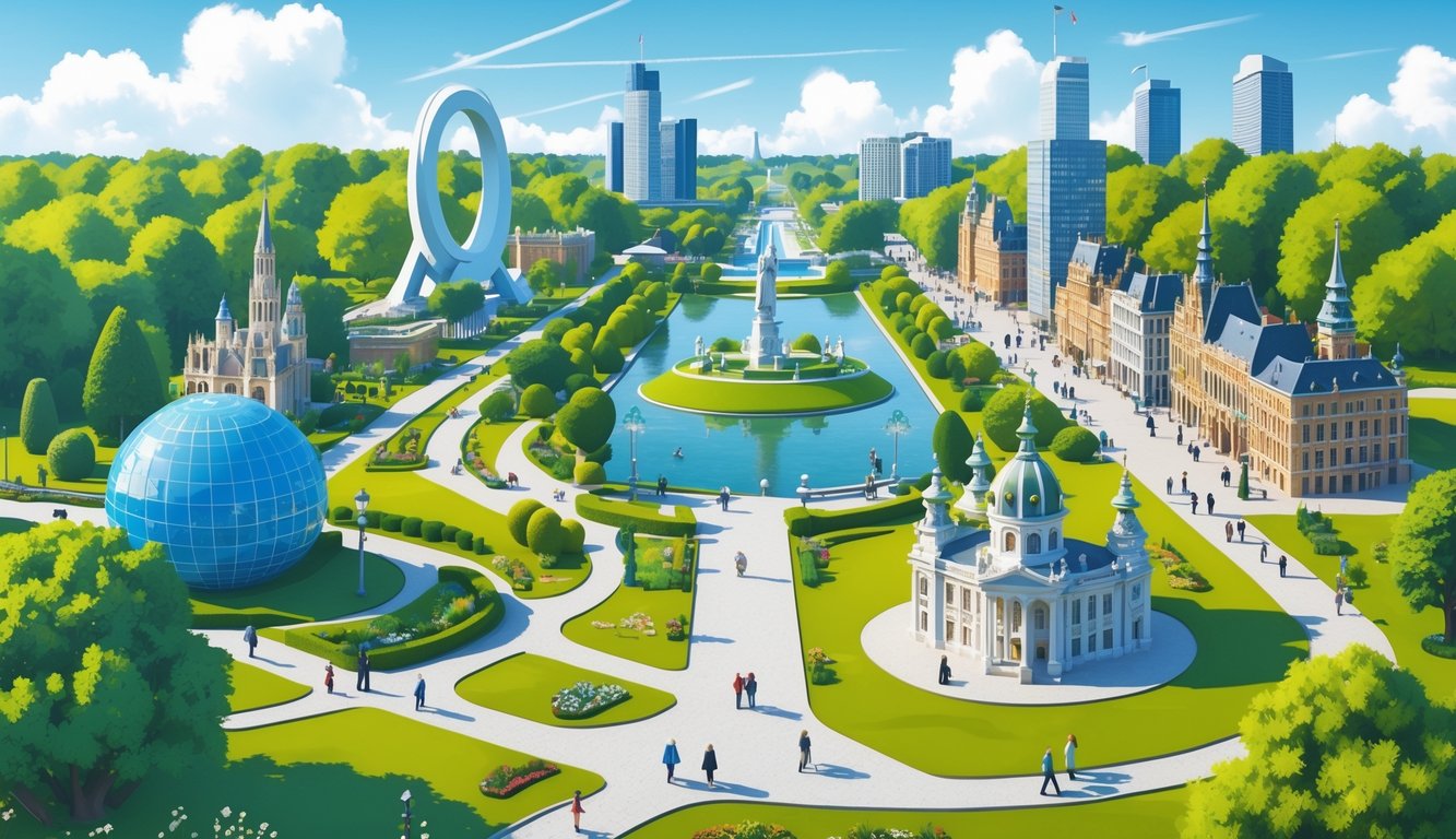 Pogled na park Mini-Europa u Bruxellesu s minijaturnim poznatim europskim znamenitostima i posjetiteljima koji šetaju stazama.