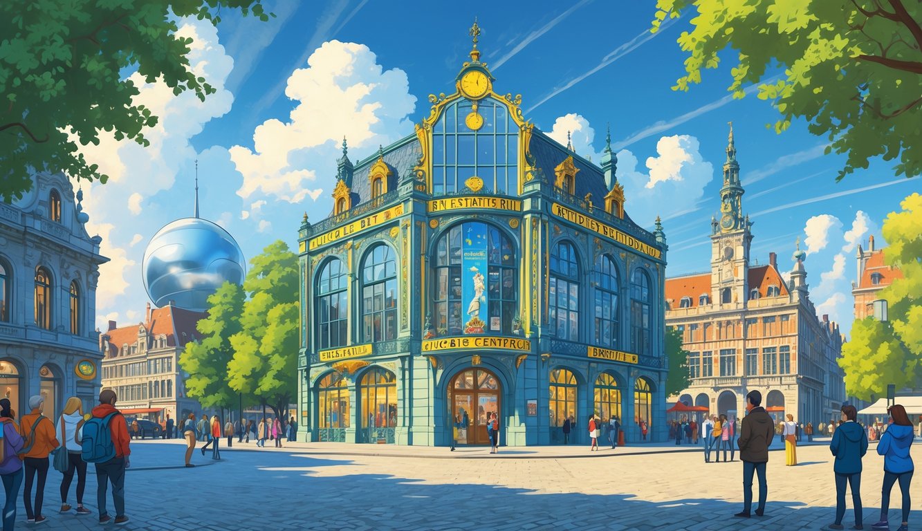 Pogled na Belgijski Centar Stripa u Briselu okružen poznatim znamenitostima grada i zelenilom.