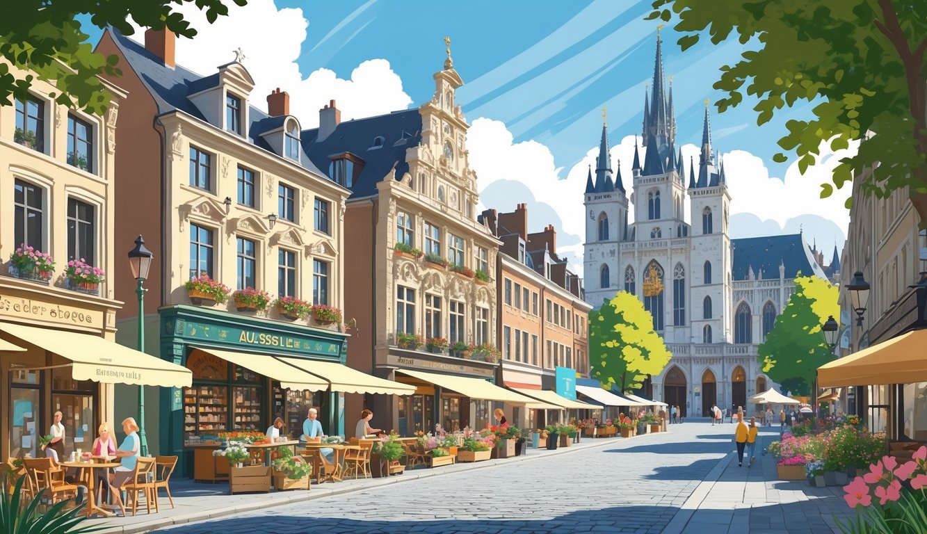 Pogled na živopisnu četvrt Sablon u Bruxellesu s povijesnim zgradama, kafićima na otvorenom, ljudima koji šetaju i crkvom u pozadini.