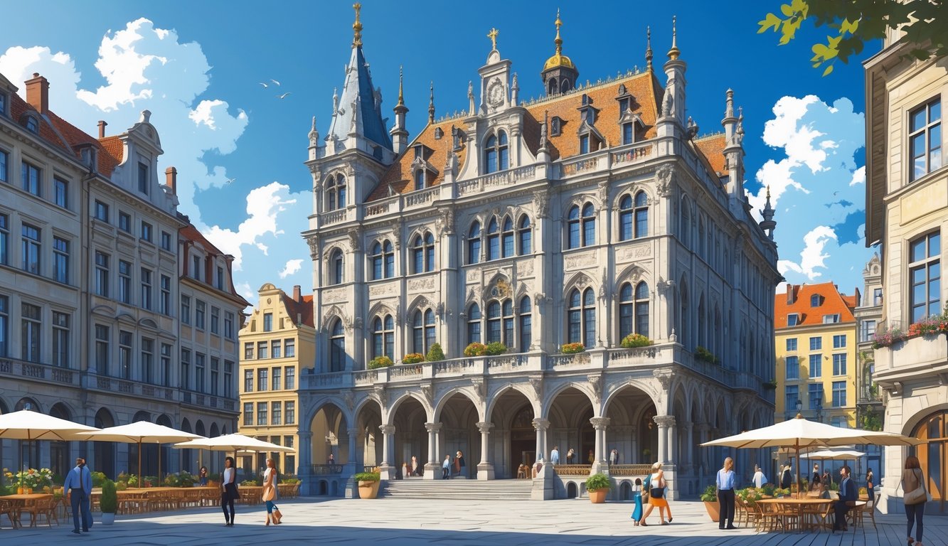 Pogled na Kraljevu kuću u Briselu s detaljnom arhitekturom i ljudima u javnom trgu.