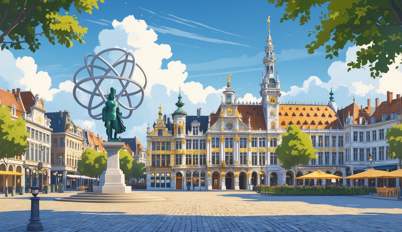 Ilustracija sa sedam poznatih znamenitosti Brisela, uključujući Atomium, Grand Place, Manneken Pis, Kraljevsku palaču, Europski parlament, park Cinquantenaire i tipične ulice s kafićima.
