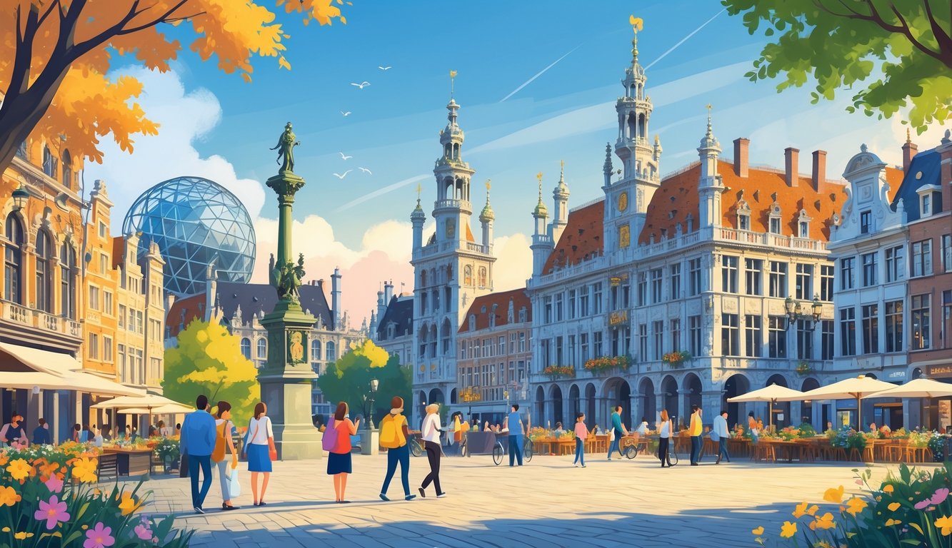 Pogled na poznate znamenitosti Bruxellesa s ljudima koji uživaju u šetnji i kafićima na otvorenom tijekom ugodnog vremenskog razdoblja.