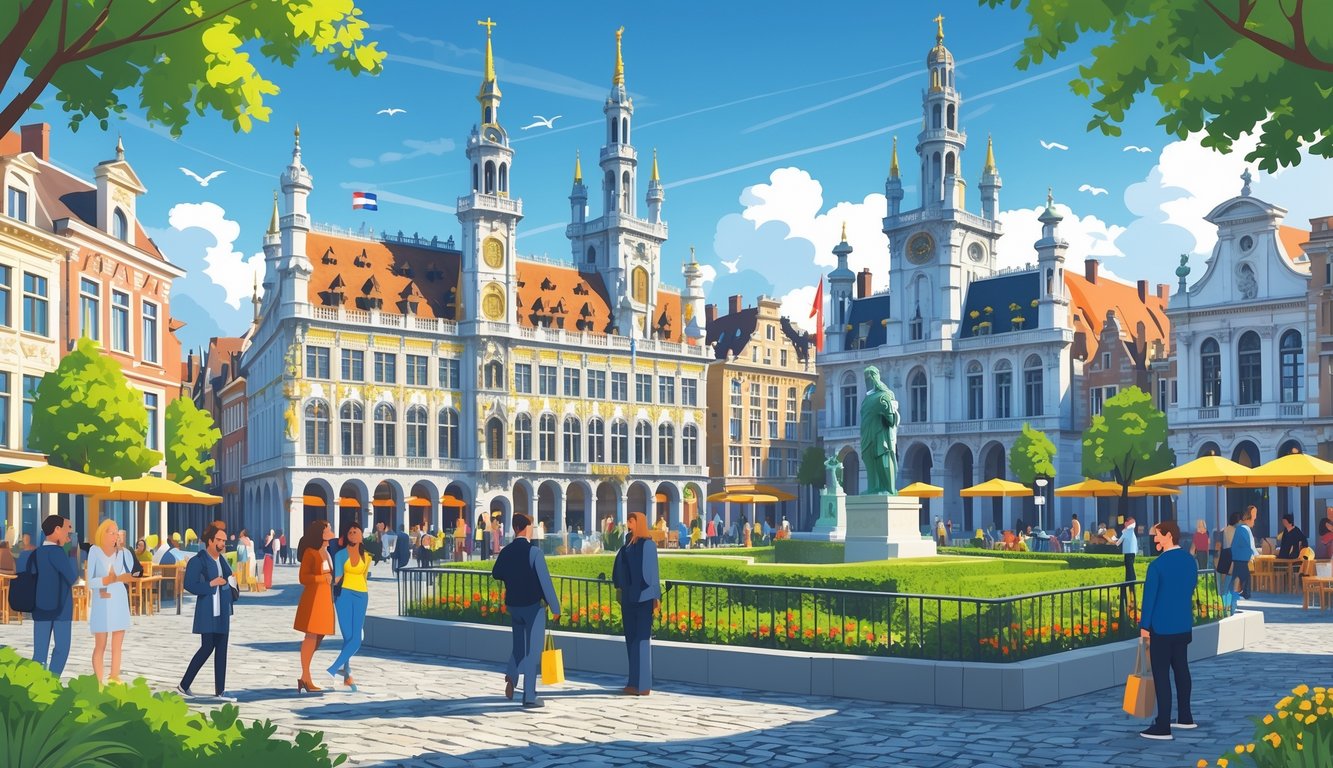 Prikaz glavnih znamenitosti Brisela uključujući Atomium, Grand Place, Manneken Pis i druge, s ljudima koji istražuju grad i uživaju u vanjskim kafićima.