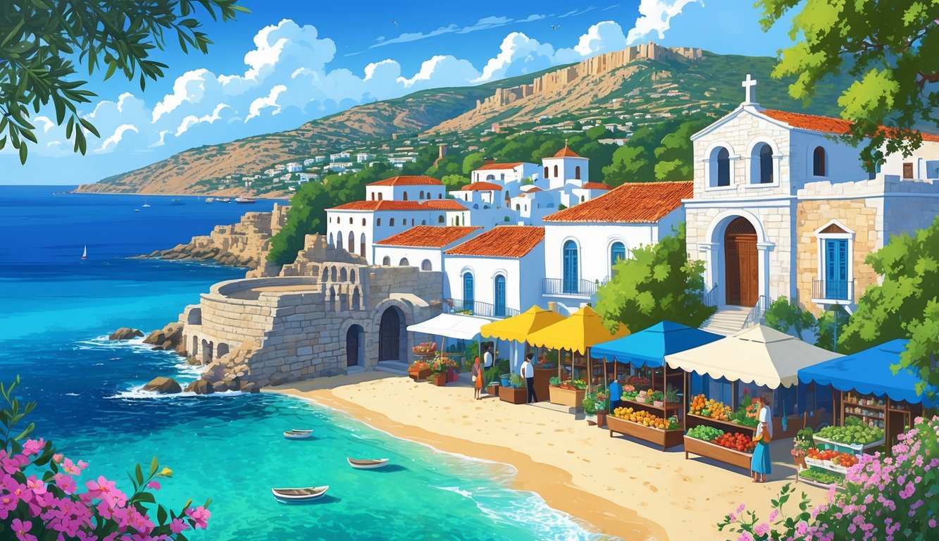 Prikaz poznatih znamenitosti Cipra uključujući drevne ruševine, plažu s tirkiznim morem, tradicionalno selo, planine i lokalnu tržnicu.