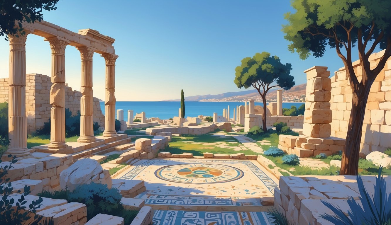 Pogled na drevne arheološke ruševine u Pafosu uz mediteransko bilje i more u pozadini.