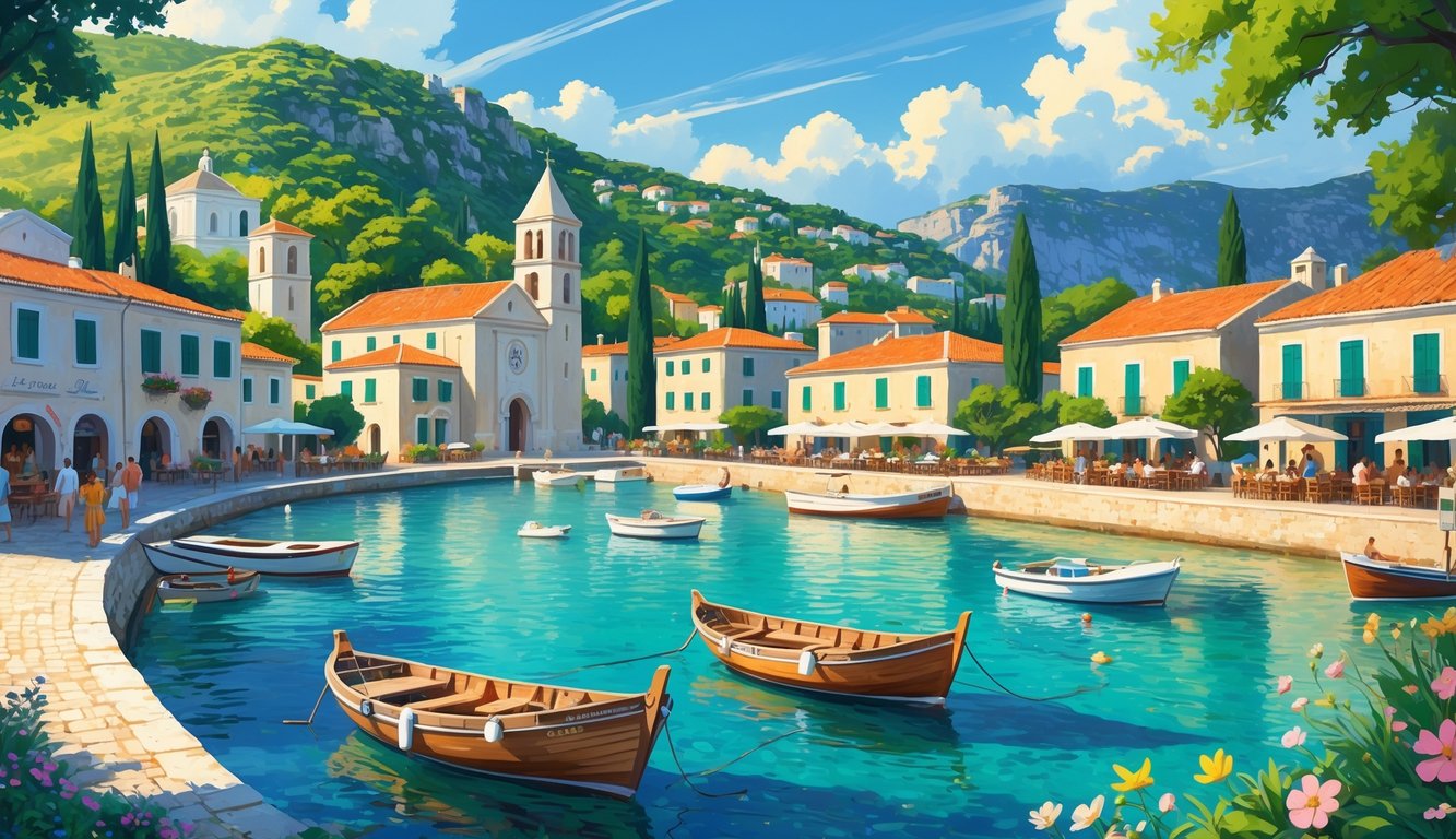 Pogled na obalni grad Cavtat s lukom, tradicionalnim brodovima, starim crkvama, šetnicom uz more i zelenim brežuljcima u pozadini.
