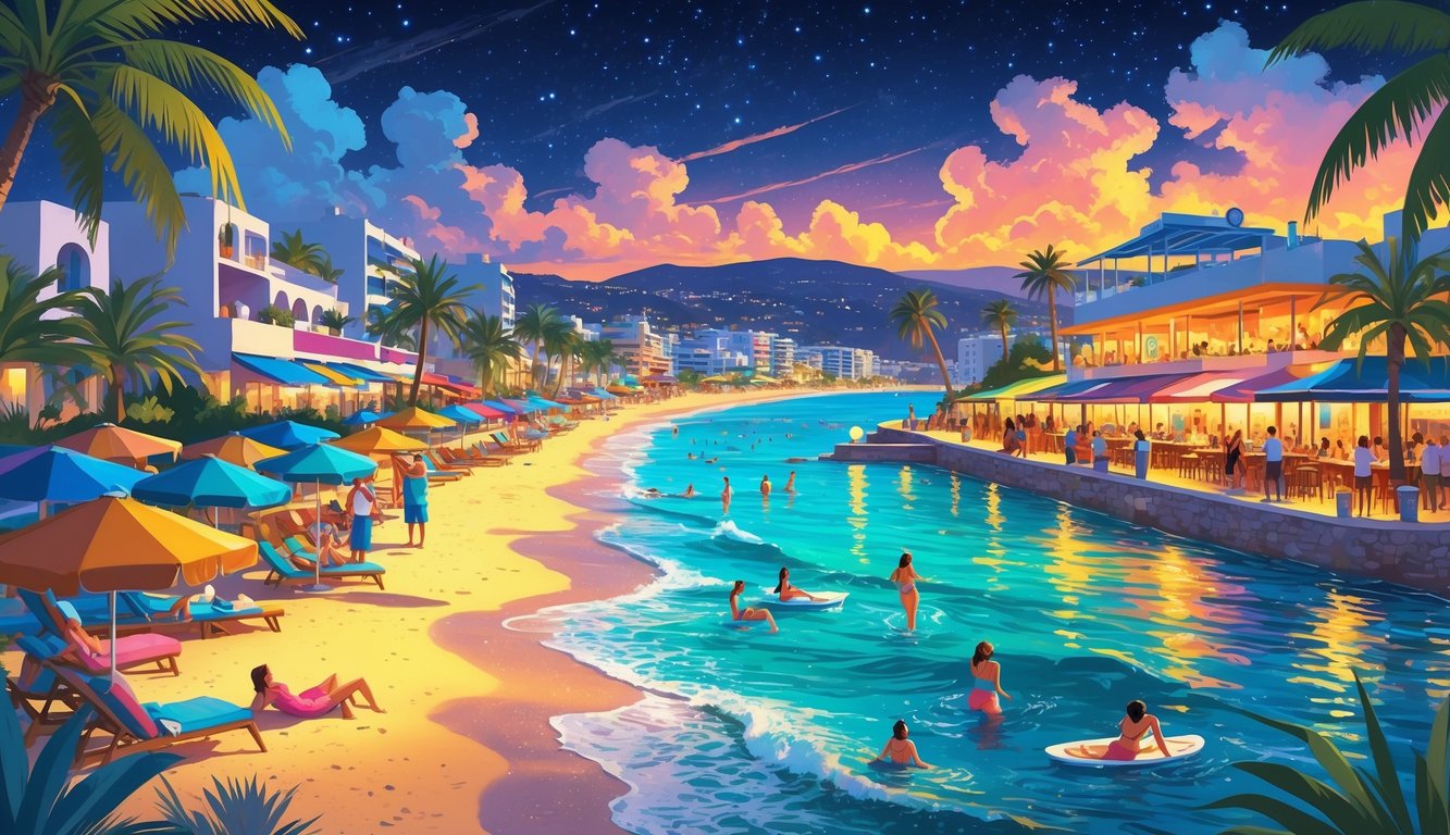 Plaža s pijeskom i tirkiznim morem uz živahni noćni prizor s ljudima, palmama i osvijetljenim kafićima u Ayia Napi.
