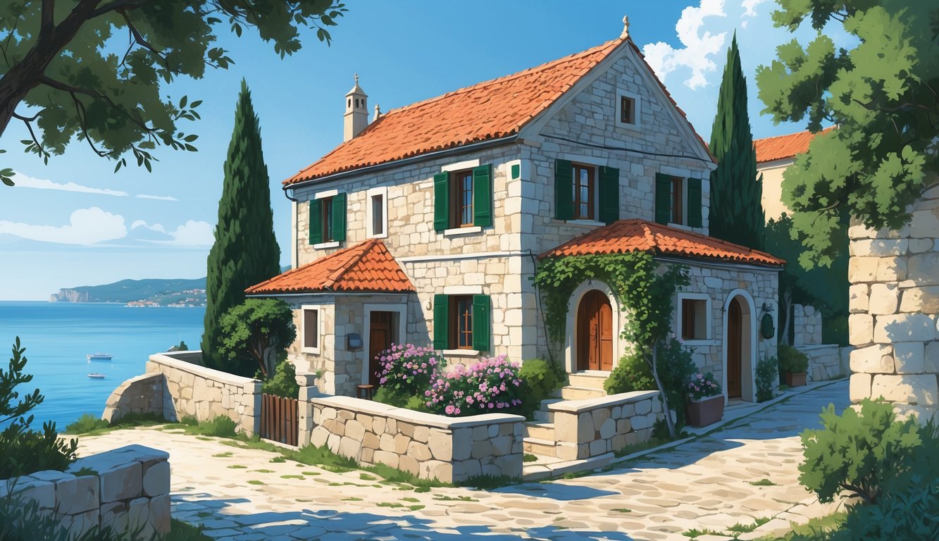 Pogled na rodnu kuću Vlaha Bukovca u Cavtatu s kamenim zidovima, crvenim krovom i mediteranskim biljem uz obalu mora.