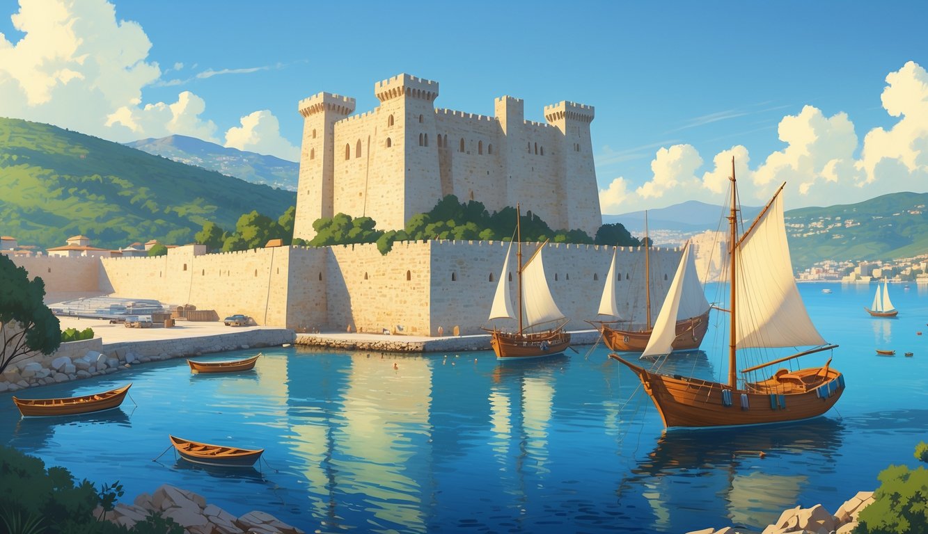 Srednjovjekovni dvorac Kyrenia uz luku s drvenim jedrenjacima na mirnom plavom moru i zelenim brežuljcima u pozadini.