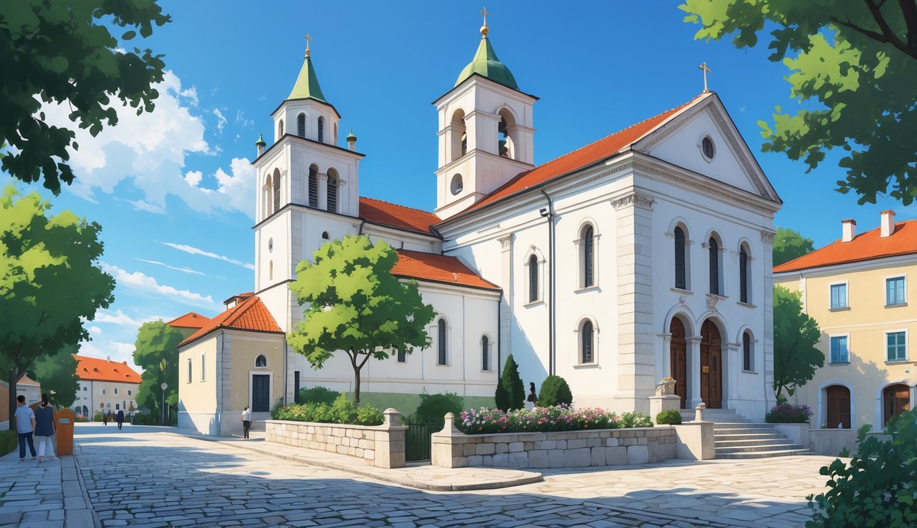 Pogled na crkvu Svetog Nikole i pinakoteku u Cavtatu s okolnim zelenilom i kamenim ulicama.