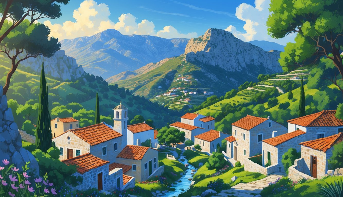 Planinski lanac Troodos s tradicionalnim kamenim kućama, zelenim šumama i planinskim vrhovima pod plavim nebom.