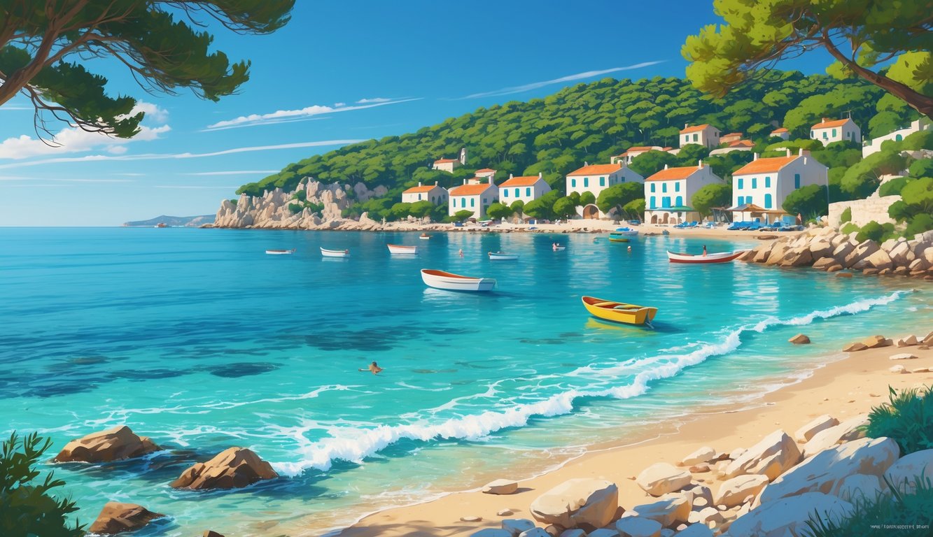 Plaža Rat s tirkiznim morem, kamenitim obalom, zelenim borovima i kućama uz obalu pod vedrim plavim nebom.