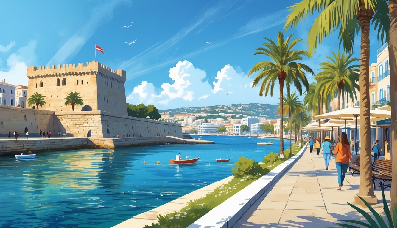 Pogled na Limassol s povijesnim dvorcem uz obalu i šetnicom uz more s palmama i ljudima.