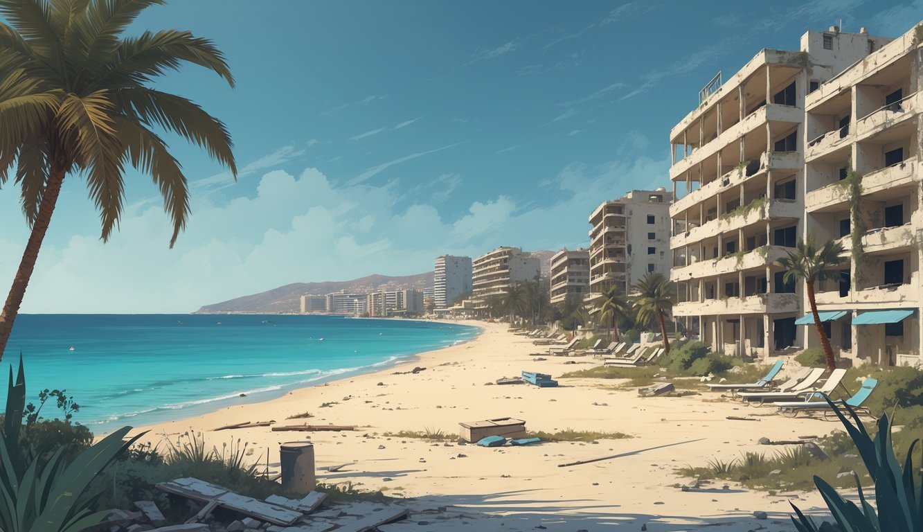 Prazan i napušteni obalni turistički grad s derutnim zgradama i plažom na Cipru.