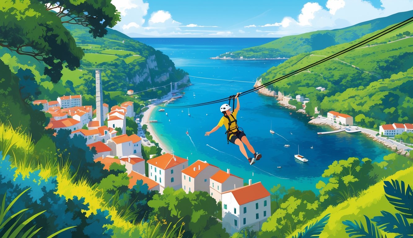 Osoba na ziplineu iznad zelenih brežuljaka i obale Cavtata s plavim morem i crvenim krovovima kuća.
