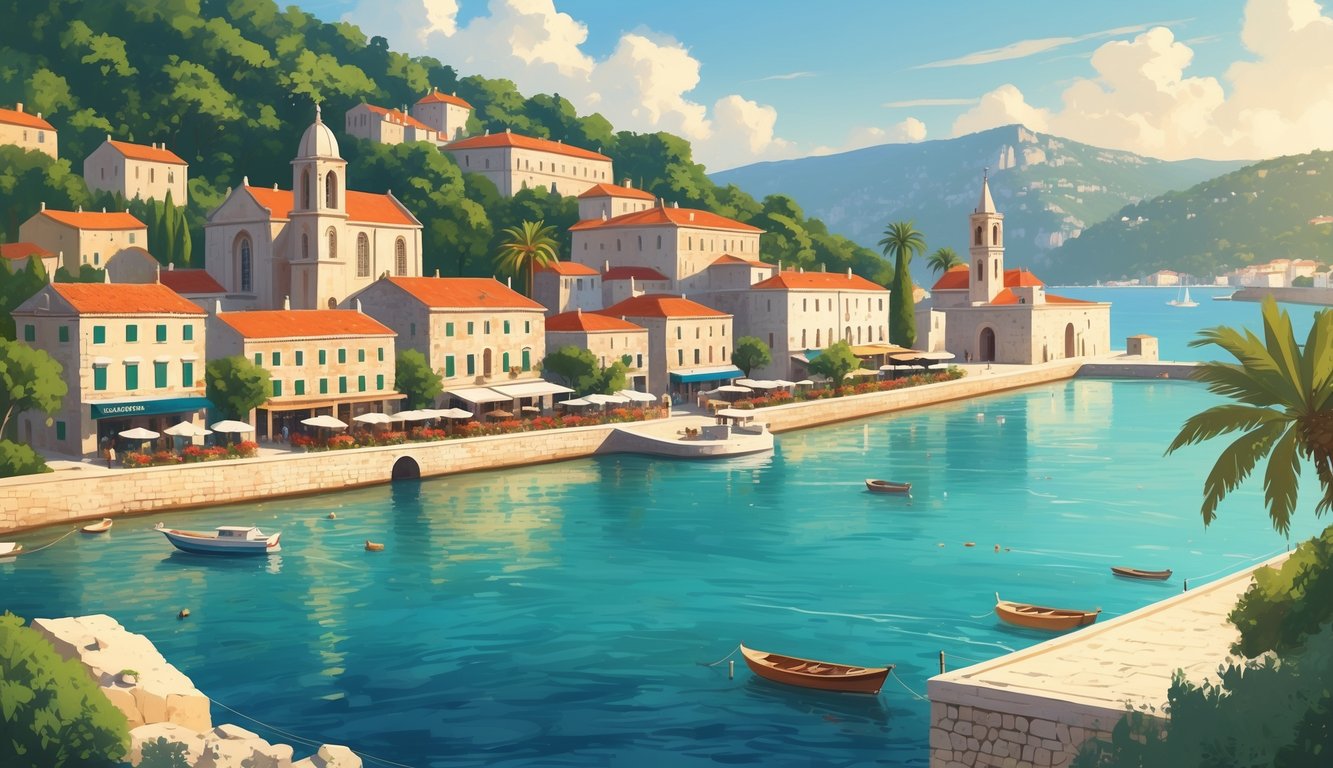Pogled na obalni grad Cavtat s kamenim zgradama, crvenim krovovima, uskim ulicama, plavim morem i malim brodovima, uz šetnicu s palmama i crkvom s tornjem.