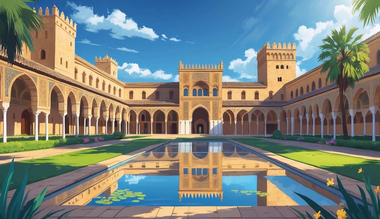 Pogled na Alcazar u Cordobi s ukrašenim lukovima, vrtovima i vodnim površinama pod plavim nebom.