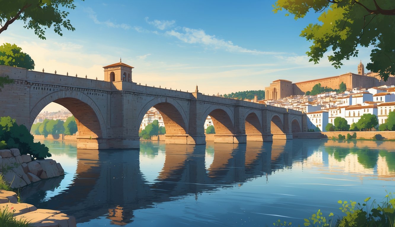 Pogled na rimski most preko rijeke Guadalquivir u Córdobi, s kamenim lukovima i gradskim zgradama u pozadini.