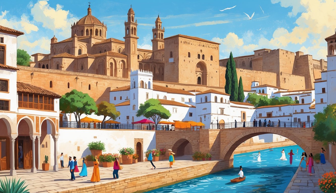 Ilustracija sedam glavnih znamenitosti Córdobe, uključujući Mezquitu, rimski most, Alcázar i tradicionalne ulice s ljudima i cvijećem.