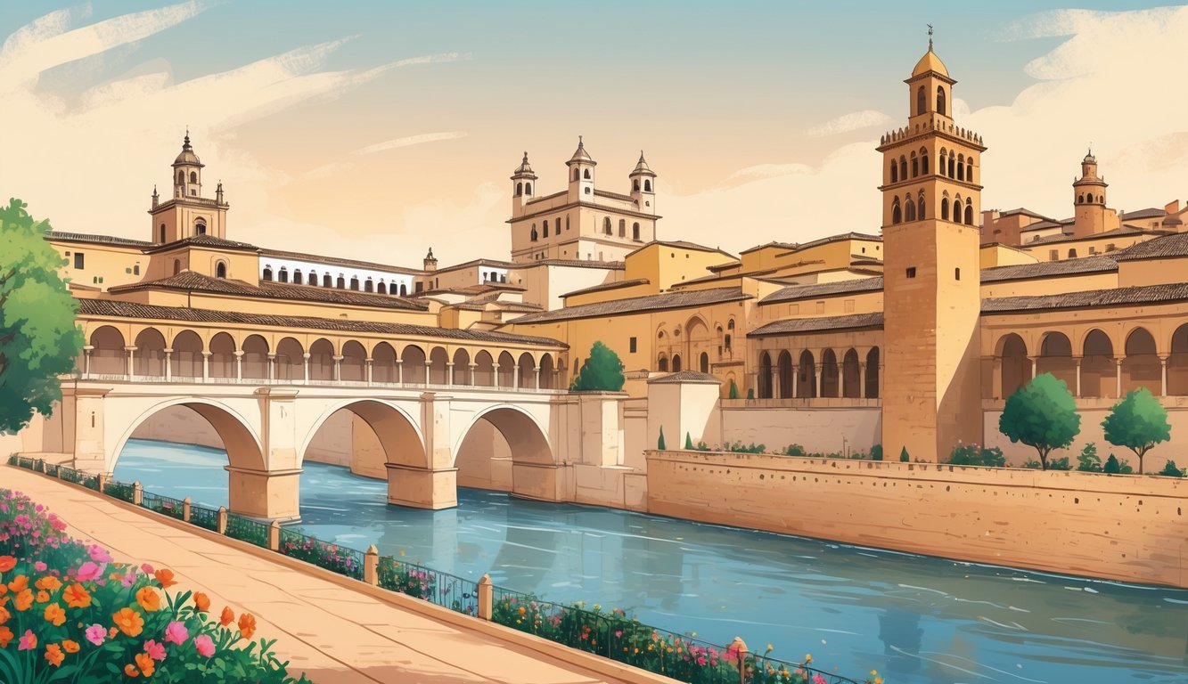 Ilustracija prikazuje sedam glavnih znamenitosti Cordobe, uključujući Mezquitu, rimski most, Alcázar, cvjetnu ulicu, toranj Calahorra, trg Plaza de la Corredera i šarene patije s biljkama.